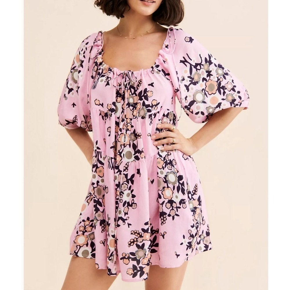 KINGA CSILLA Lennon Liberty Puff‎ Sleeve Mini Dress, Pink Multi, M